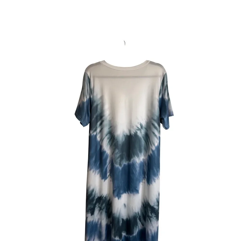 Boho M Tie-Dye Blue Beach Swim Coverup Maxi Dress V-Neck Short Sleeve Blue/White